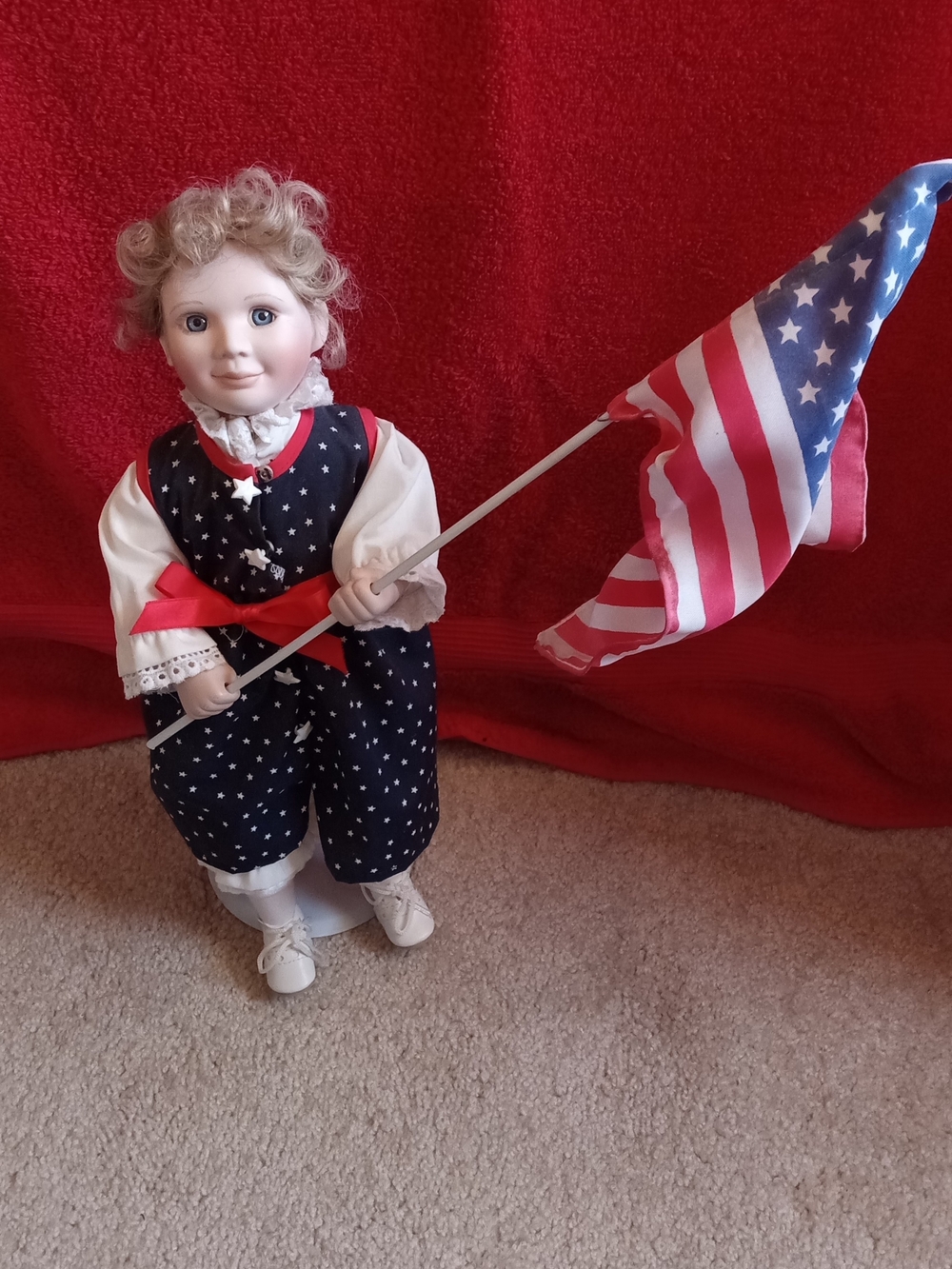 Patriotic Star-Print Doll in Navy and White with Red Accents